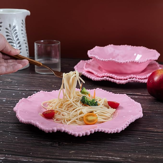 Pink Dishes Melamine Dinnerware Sets 18 Piece Kitchen Plates and Bowls tableware Set Lightweight BPA free Beaded Serving Dishes for Girls Valentine's Day Mother's Day. Service for 6.