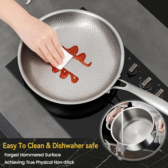 Titanium Hammered Pro Cookware 3 Piece Set Pan &amp Soup Pot And Wok with Steamer Nonstick No-Coat Technology Ultra-Durable Even Heating Frying Pans Compatible with All Cooktops3 piece set