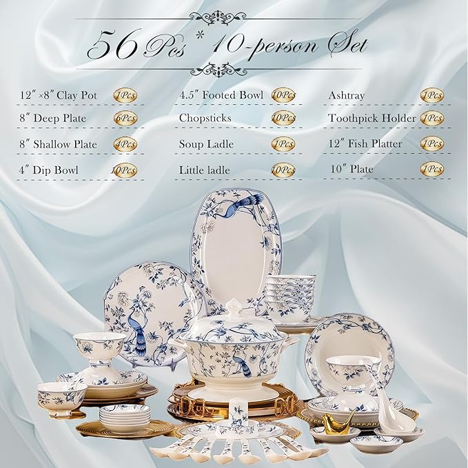 Fine Bone China Dinnerware SetPorcelain&ampCeramic Dinnerware SetsBone Stoneware &ampCeramic Cookware Tableware Set Includes Dinner Plates|Spoons|Pasta Bowls|Soup Pot|Chopsticks (56 PCS)