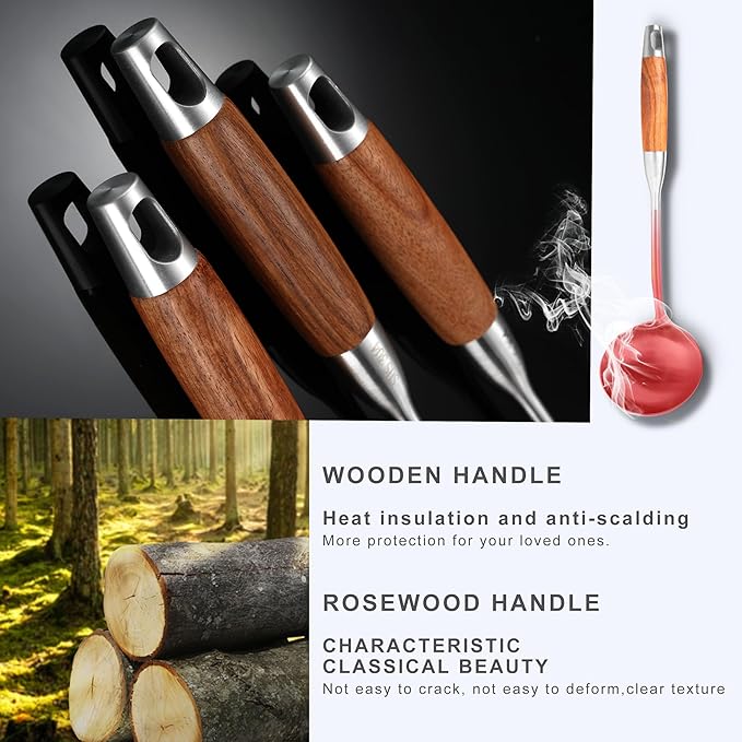 Stainless Steel Cooking Utensils with Wooden Handle 6 PCS Stainless Steel Kitchen Utensils 12.5-14 Wok Spatula Ladle Skimmer Slotted Spatula Turner Spaghetti Spoon Large Spoon