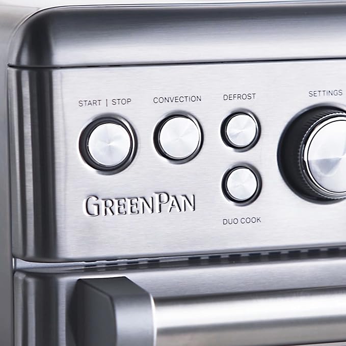 GreenPan 13-in-1 Elite Countertop Convection Oven and Air Fryer PFOA and PFAS-Free Ceramic Tray and Pizza Pan Adjustable Racks Multifunction Presets Toaster Bake Broil Roast Stainless Steel