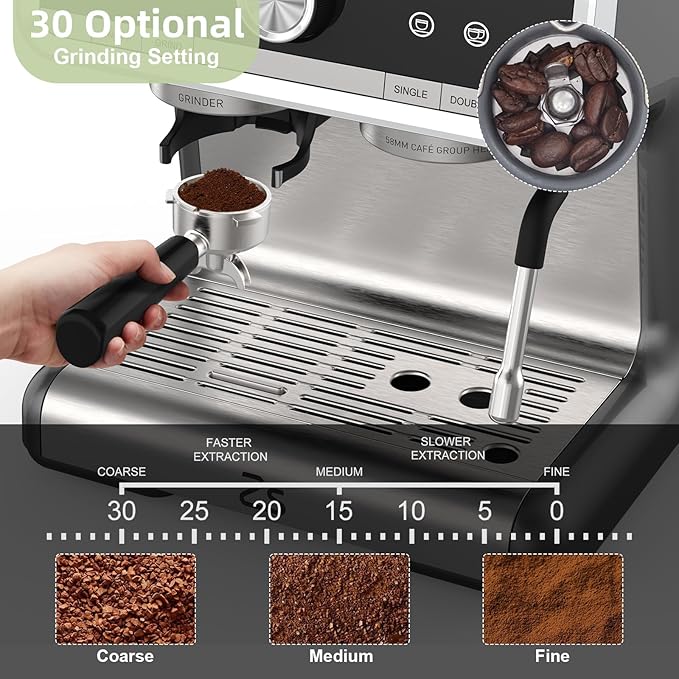 20 Bar Barista-Grade Espresso Machine with Conical Burr Grinder &amp Steam Wand - PID Control Stainless Steel Coffee Maker with 95oz Detachable Tank for Latte Cappuccino Home Cafe Silver Gray