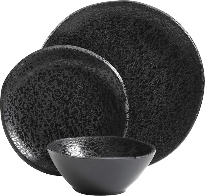 Gibson Home Yoko Round Melamine Plastic Dinnerware Set Service for Four (12pcs) Matte Black