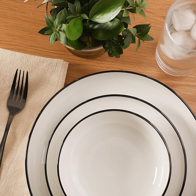 Gibson Home Havenstone 12-Piece Porcelain Dinnerware Set – Dinner Plates Salad Plates &amp Bowls Classic White With Black Rim Everyday Dish Set for Home Kitchen Microwave &amp Dishwasher Safe