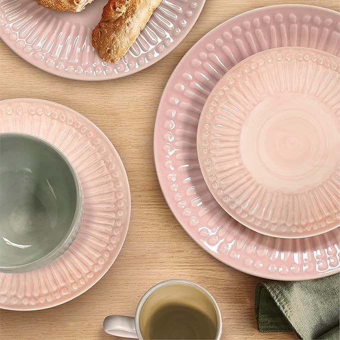 Artesa Color Full Mix Match 4 Dinnerware Set -4 Piece Handmade Ecuadorian Ceramic Pink &amp Mint with Embossed Pattern Plates Bowls &amp Cups Lead-Free Microwave Safe 11.4-Inch Plates