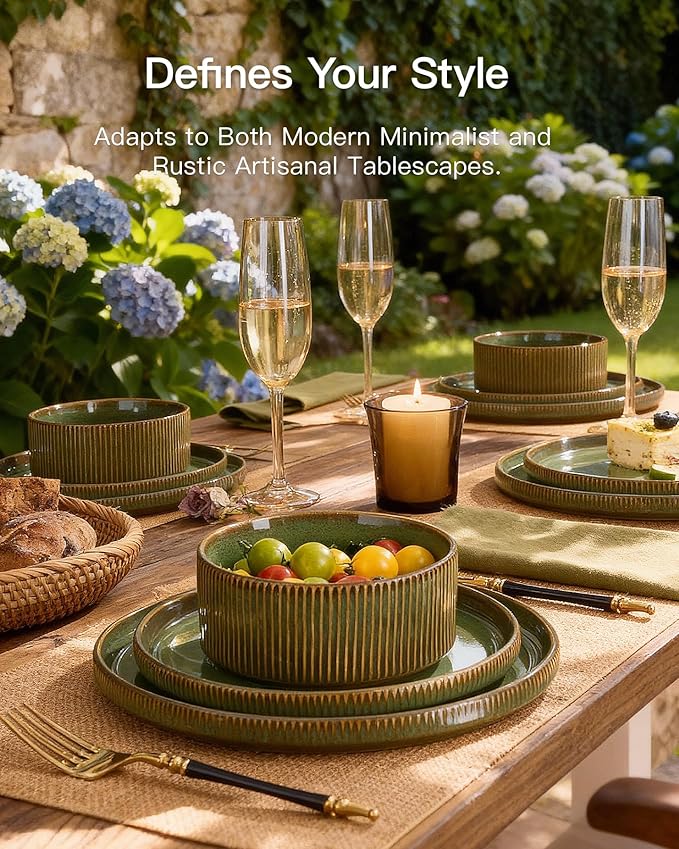 Stoneware Dinnerware Sets Handcrafted Double Reactive Glaze Plates and Bowls for Everyday &amp Formal Dining Microwave &amp Dishwasher Safe Scratch Resistant Dishes Service for 4 (12-Piece) Moss