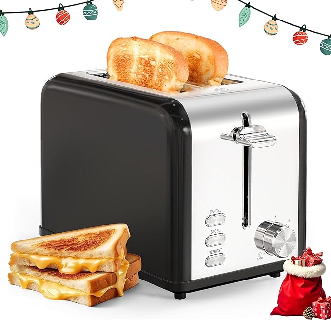 Simple Deluxe 2-Slice Toaster Stainless Steel Toaster 6 Browning Setting and 3 Function Extra Wide Slot &amp Removable Crumb Tray for Bread &amp Waffle Black