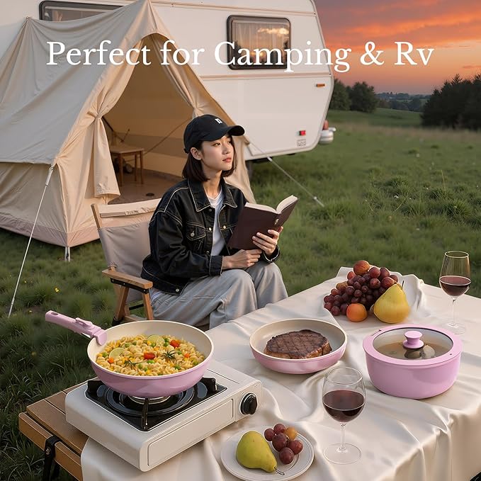 Pots and Pans Set Non Stick Ceramic Cookware Set Detachable Handle RV Camping Kitchen Cooking Set Removable Handles Dishwasher/Oven/Fridge Safe Induction Space SavingPINK