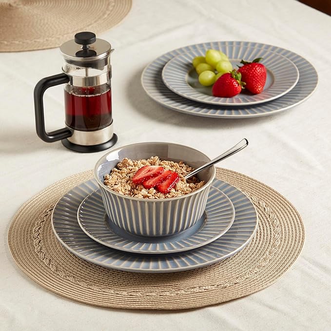Tabletops Gallery Richmond 12-Piece Reactive Glaze Stoneware Dinnerware Set of Kitchen Dishes Dinner Plates Cereal Bowls Service for 4 Gray
