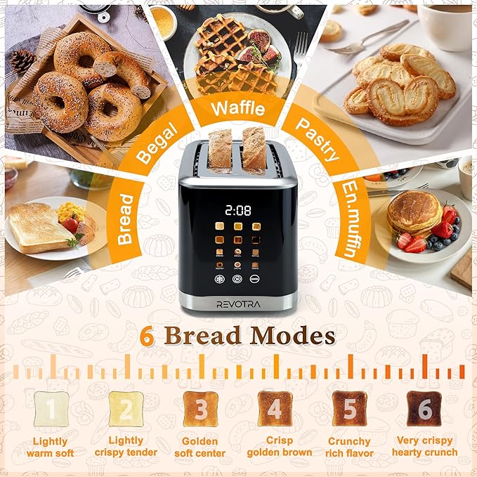 2 Slice Toaster Stainless Steel with LED Display Extra Wide Slots 6 Shade Settings Defrost/Reheat/Cancel Removable Crumb Tray – Compact Toaster for Bagels &amp Waffles
