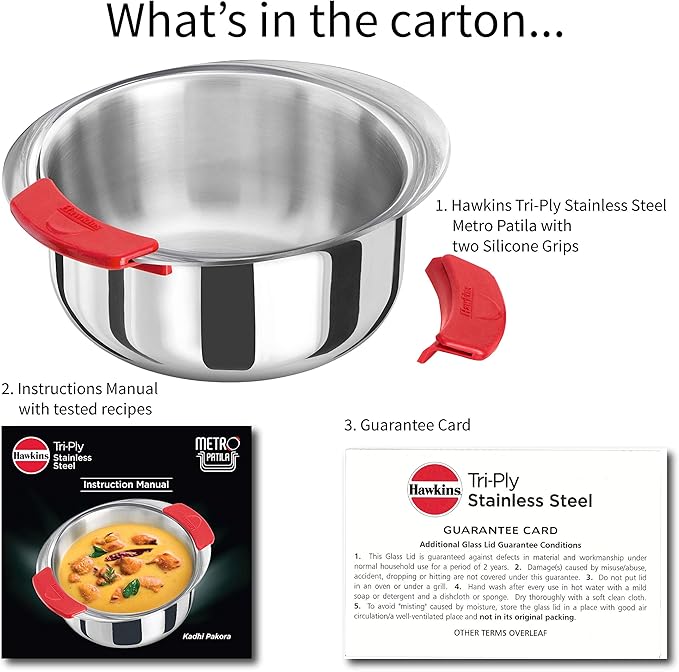 Hawkins 1.5 Litre Metro Patila Triply Stainless Steel Tope Induction Bhagona Tapeli Silver (SSP15)