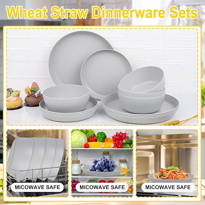 EI 12pcs Wheat Straw Dinnerware Set of 4Plastic Plates Reuasble UnbreakablePlastic Plates and Bowls Sets for CampingPicnincFamily Dinner