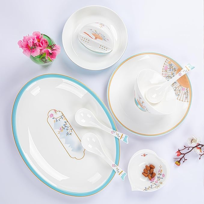 Fine Bone China Dinnerware SetPorcelain&ampCeramic Dinnerware SetsBone Stoneware &amp Ceramic Cookware Tableware Set Includes Dinner Plates|Spoons|Pasta Bowls|Soup Pot|Chopsticks (20PCS * 4-Person
