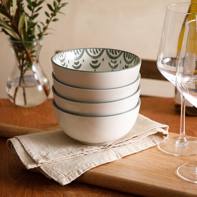 Bloomhouse - 2-Time Oprah’s Favorite Things - Valencia Flor 4 Piece 6” Cereal Bowl Set Stoneware Bowls Mediterranean Floral Decal Design Microwave &amp Dishwasher Safe Fern Green
