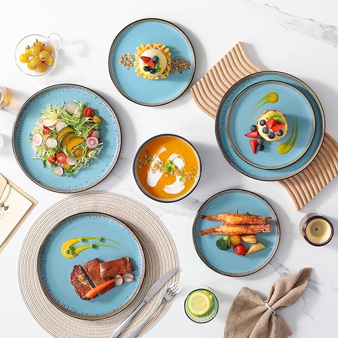 vancasso Plates and Bowls Sets 24 Pieces Stoneware Dinnerware Sets for 8 Kitchen Dish Set Mircowave and Dishwasher Safe Dinner Set Ceramic Dishware Sky Blue Series AMBER