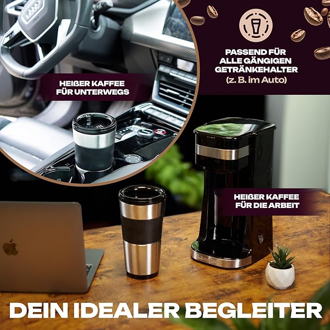 Clatronic Coffee Machine with Coffee To Go Mug 400 ml Suitable for All Standard Drink Holders (e.g. Car) Filter Coffee Machine with Stainless Steel Cup and Aroma Lid Coffee Machine Small KA 3733