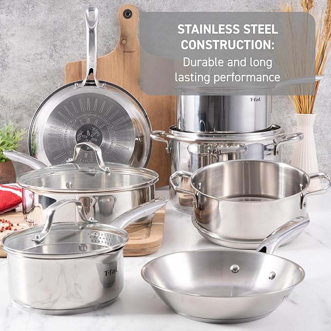 T-fal Gourmet Stainless Steel Cookware Set: 20-Piece Kitchen Essentials Induction Compatible Dishwasher Safe Oven Safe to 500F Durable Pots and Pans with Steamer for Versatile Cooking