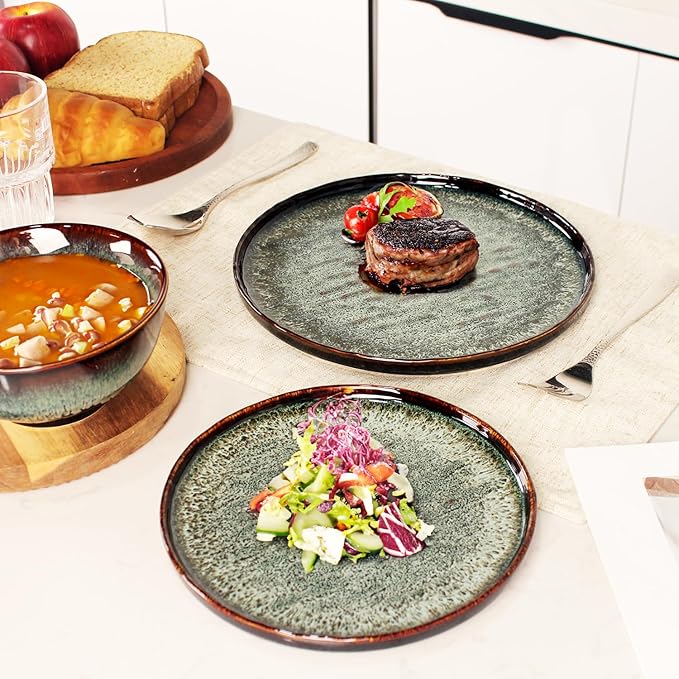 Dinner Set 12 Pieces - Round Reactive Glaze Tableware - Kitchen Dinnerware Porcelain Crockery with Dinner Plate Bowl and Soup Plate Service for 4 Microwave Dishwasher Safe Set (No.3)