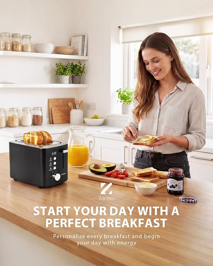 2 Slice Toaster with Wide Slots for Bread &amp Bagels Stainless Steel Toaster with Digital Countdown 6 Shade Settings Defrost Reheat &amp Cancel Compact Design for Kitchen Black