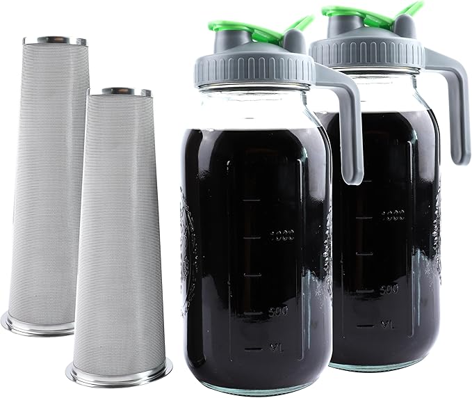Cold Brew Coffee Maker 64 Oz Mason Jar Iced Tea Pitcher With Strainer 2 Set Half Gallon Glass Pitcher With Spout Lid 2 Quar Water Jug For Fridge Beverage Sun Tea Hot Cold Brew Lemonade Juice