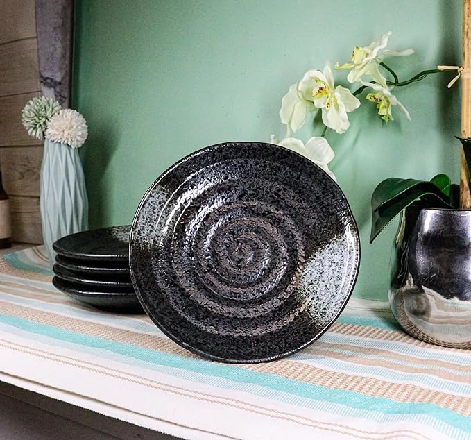 Ebros Gift Artistic Charcoal Grey Tone Hakumu Porcelain Collection Dinnerware Serveware Kitchenware Set Asian Japanese Restaurant Supply (Pack Of 5 Round Dinner Plates 8.75D)