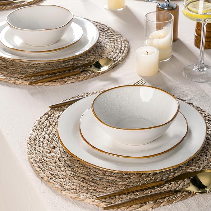 AmorArc Ceramic Dinnerware Sets Handmade Stoneware Reactive Glaze Plates and Bowls Set Scratch Resistant | Dishwasher &amp Microwave Safe Dishes Set Service for 4 (12pc)