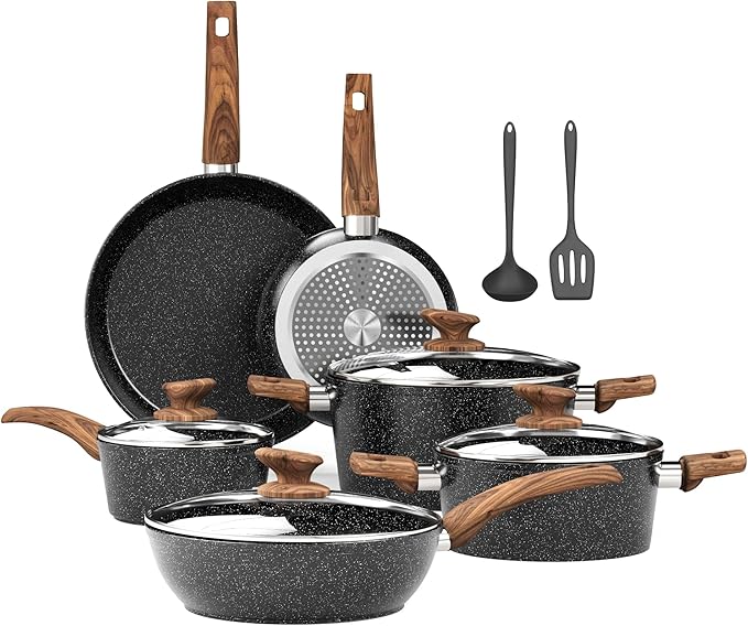 Kitchen Academy 12 Piece Pots and Pans Set Non Stick Cookware Sets Healthy Black Granite Induction Kitchen Cookware (PFAS PFOA PFOS Free)
