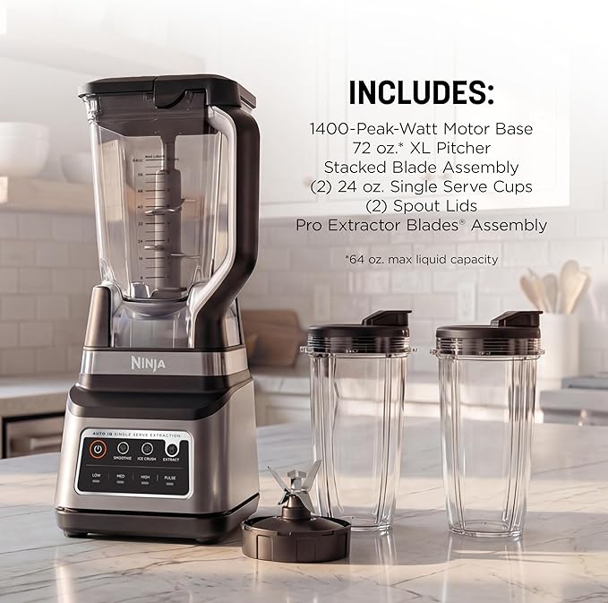 Ninja BN751 Professional Plus DUO Blender 1400 Peak Watts 3 Auto-IQ Programs for Smoothies Frozen Drinks &amp Nutrient Extractions 72-oz. Total Crushing Pitcher &amp (2) 24 oz. To-Go Cups Black