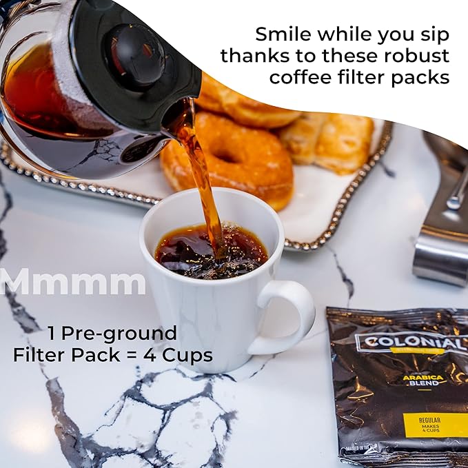 Colonial In-Room Decaf Ground Coffee Filter Packs for Hotel Rooms Decaffeinated Dark Roast 0.50 Ounce (Pack of 150) Use with 4-Cup Drip Coffee Machine