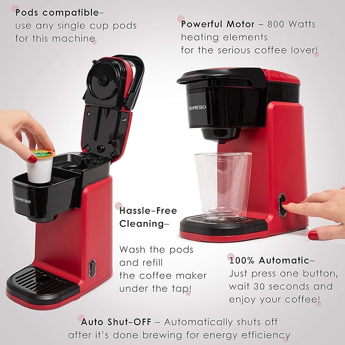 Mixpresso Red Single Serve Coffee Maker for K Capsule Compact Mini Coffee Maker 800 Watt Coffee Machine for Pods or Ground Fast Brew Auto Shut Off 12 Oz Brew Size for Travel Office RV and Dorm