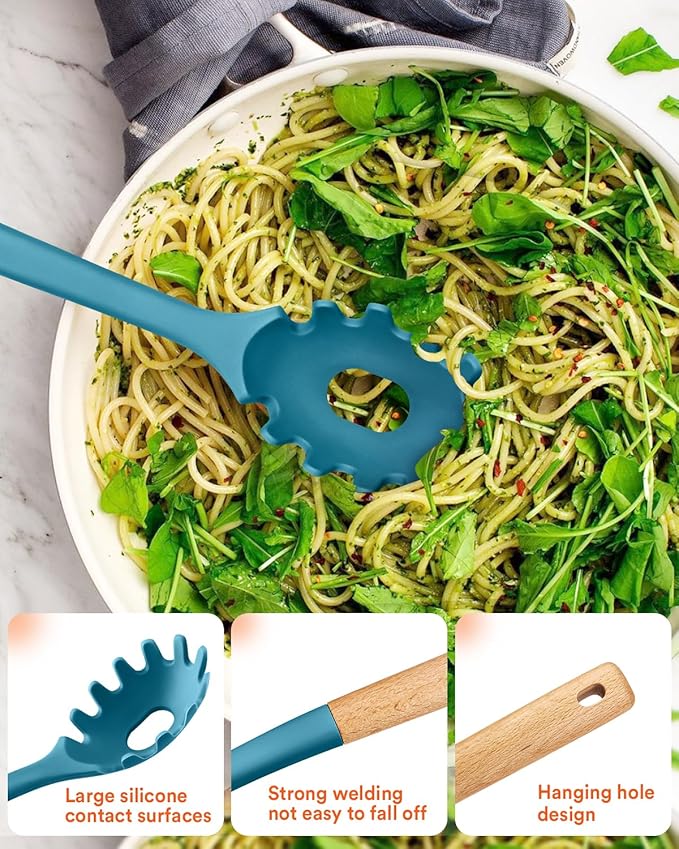 Kitchen Utensils Set 13PCS Silicone Cooking Utensils Heat Resistant Kitchen Utensil Spatula Set for Nonstick Cookware Wooden Handles Kitchen Gadgets Tools Set (BLUE)