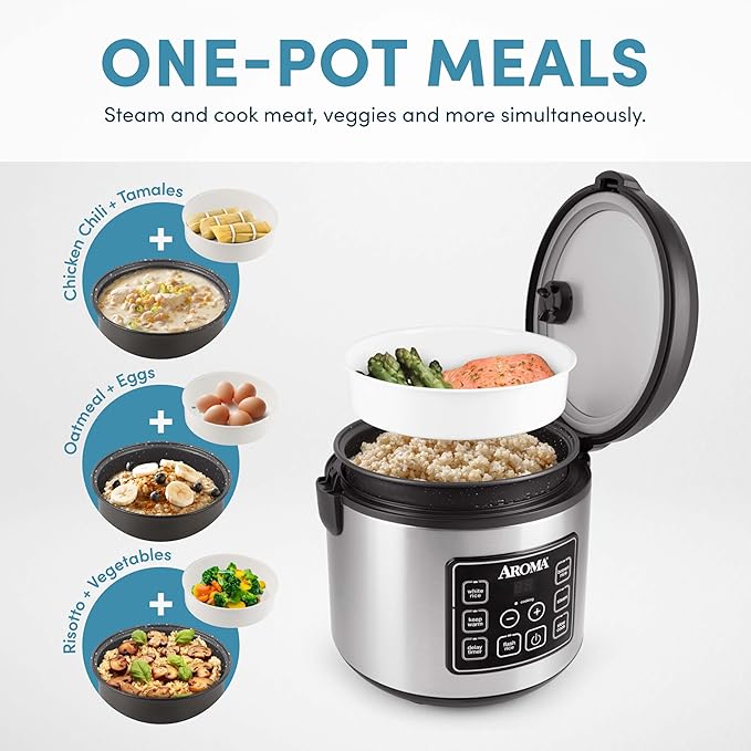AROMA® 20-Cup (Cooked) / 10-Cup (Uncooked) Digital Rice Cooker Multicooker Slow Cooker Steamer Flash Rice Keep Warm Sensor Logic® Technology Stainless Steel Exterior