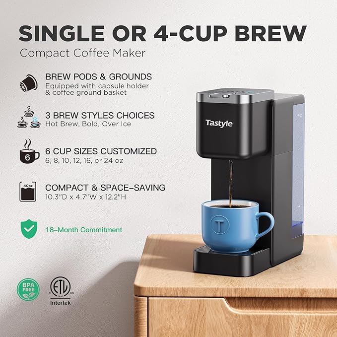 Single Serve Coffee Maker Iced and Hot Coffee Machine for K Cup &amp Grounds Compact Design 40oz Removable Water Reservoir 6 to 24 Oz Brew Sizes Fits 7.3 Travel Mug Black