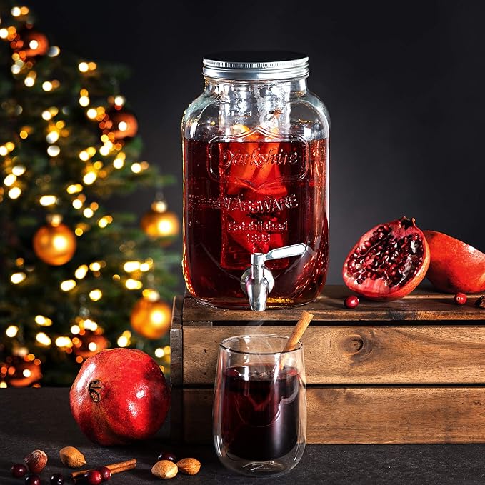 Navaris Glass Drink Dispenser with Spout - 4 L / 1 Gallon Mason Jar with Fruit &amp Ice Infuser - Beverage Fountain for Sweet Tea Punch Water Cocktail - Drinks Pitcher For Parties
