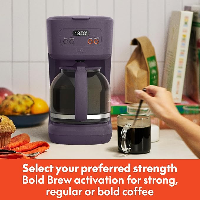 bella 12 Cup Programmable Coffee Marker Reusable Dishwasher Safe Accessories Easy LCD diaply Auto Shutoff 900 watt Plum