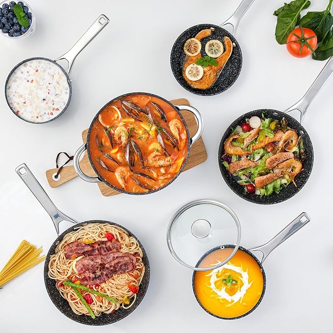 Induction Cookware Nonstick BEZIA Pots and Pans Set for Induction Cooktop Compatible with All Stoves Dishwasher Safe Kitchen Cooking Pan Set with Frying Pans Saucepans &amp Stockpot 10-Piece (Bl