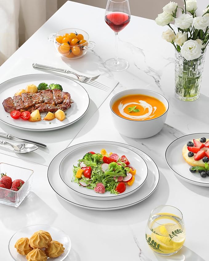 MALACASA 24 Pieces Gourmet Porcelain Dinnerware Sets Premium Plates and Bowls Set High-Fired Dishes Set for 6 Chip &amp Scratch Resistant Microwave Dishwasher Safe White &amp Black Rim Series