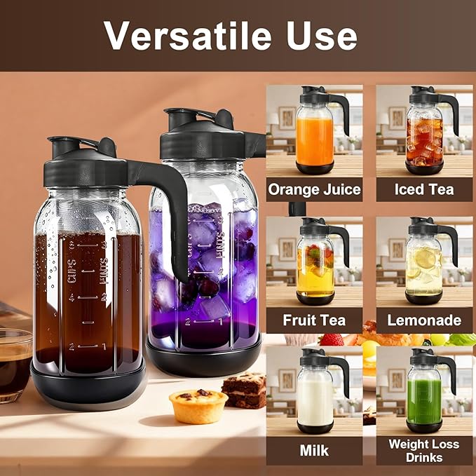 2 PCS Cold Brew Coffee Maker64 oz Mason Jar Pour Spout Lid Refillable Stainless Steel FilterNon-slip Silicone Sleeve for Glass Pitcher Homemade BeverageFor Home Baristas &amp Coffee Enthusiasts