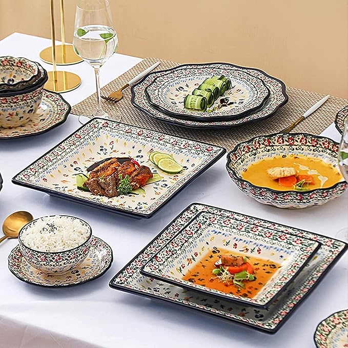 Dinnerware Sets - Luxury Gift Dishes Service Set Ceramics Dinnerware Set Bohemian Style Porcelain Dinner Sets of 34 | Folk-Custom Cereal Bowl and Steak Plate Set for Wedding Gift(B)