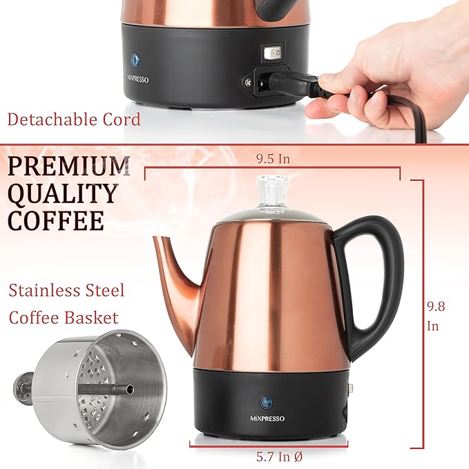 Mixpresso 4 Cup Percolator Coffee Pot Electric Copper Stainless Steel Coffee Percolator Electric With Keep Warm Function Classic Perculator Pot With Removable Basket for Home or Office