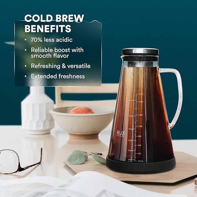 ovalware Pour Over Coffee Dripper Maker Paperless Stainless Steel Filter Precision Measuring Cup and Carafe with Airtight Cold Brew Iced Coffee Maker Pitcher RJ3 Brewing Glass Carafe