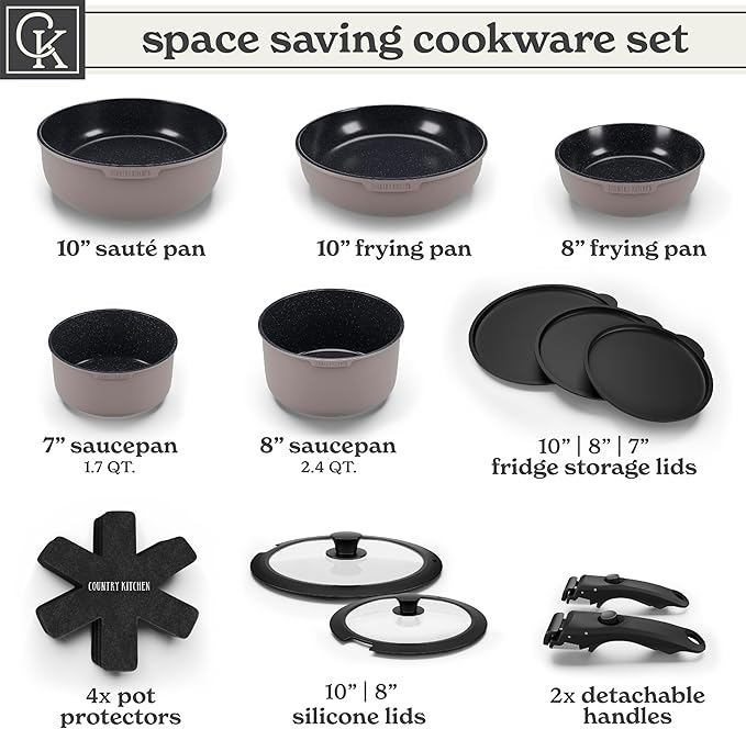 Country Kitchen Cookware Set with Removable Handle Oven &amp RV Safe Pots and Pans Set Grey/Black Original