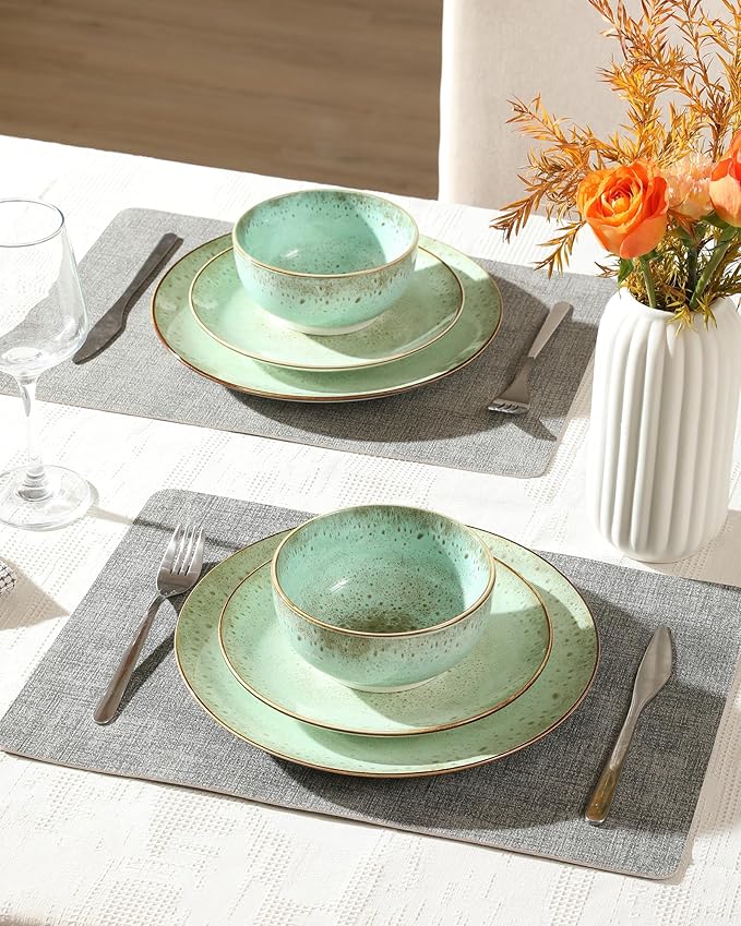 Sweejar Dinnerware Sets Service for 4 12 pcs Porcelain Plates and Bowls for Kitchen Housewaring Gift Chip and Scratch Resistant Dish Set Handmade Dishwasher and Microwave Safe Plate Set Green