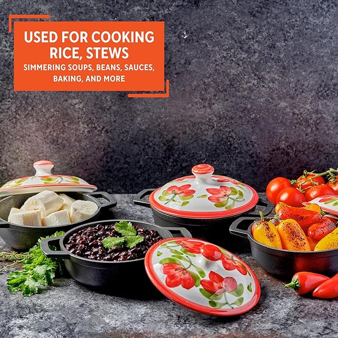 IMUSA 0.5qt Carmen de Viboral Cast Aluminum Nonstick Caldero 8pc Set with Floral Ceramic Lids (Drop Ship) Black - 14cm
