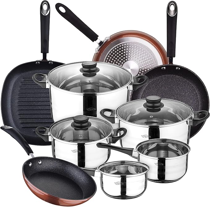 Kitchen Battery 8 Pieces SAN IGNACIO Toledo Stainless Steel with pan Set (20/24/28 cm) and Grill 28 cm SAN IGNACIO Moma in Forged Aluminum