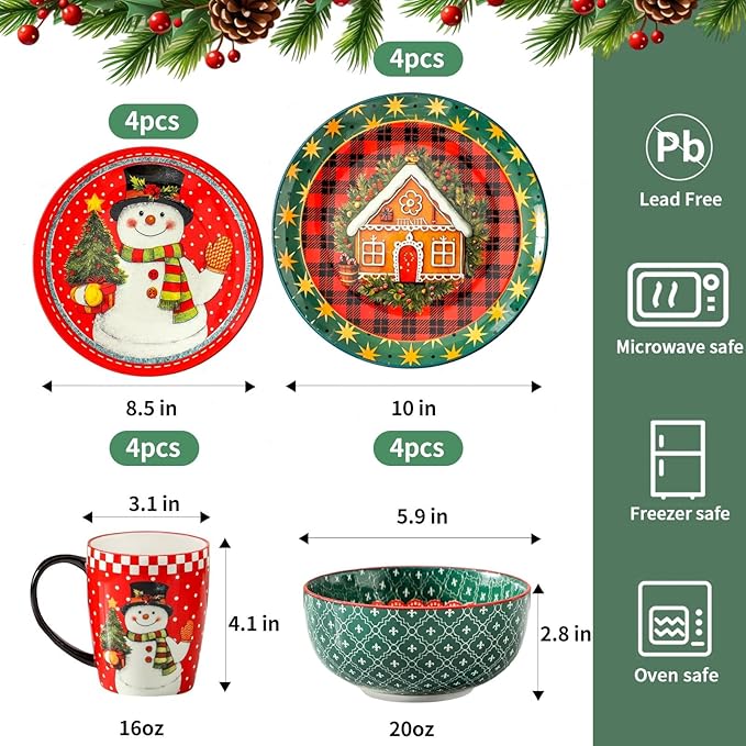 Hasense 16 Pcs Dinnerware Sets Ceramic Holiday Coffee mugs Plates and Bowls Set for 4 Chip &amp Scratch Resistant Party Serving Dishes Microwave and Dishwasher SafeColorful