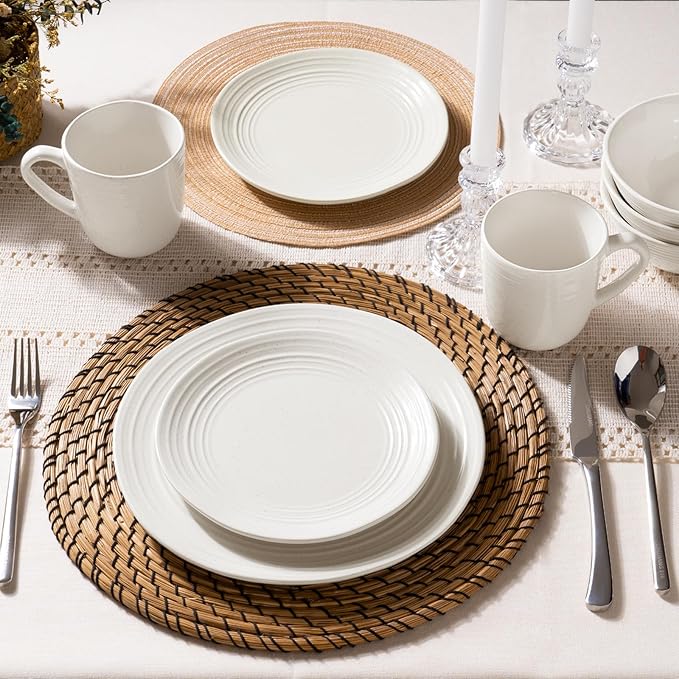 Famiware Plates and Bowls Sets 18-Piece Stoneware Dinnerware Sets Dishes Set for 6 Hand-made Reactive Glaze Dish Set Twilight Series White