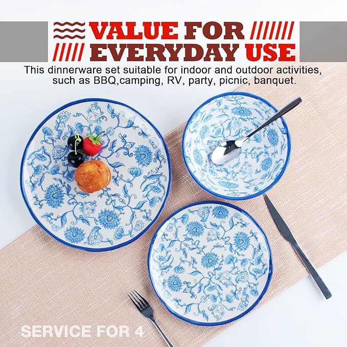 Melamine Dinnerware Set for 4-16 Pcs:Camping Dishes Set with Dinner PlatesSalad PlatesCups and Bowls.Lightweight and Unbreakable.Indoor and Outdoor Use.
