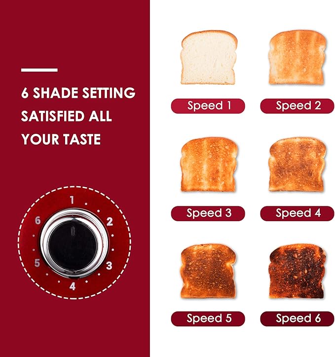 Roter Mond 4 Slice Toaster Retro Stainless Steel with Bagel Defrost Cancel Function 6 Browning Settings Extre Wide Slot and Removable Crumb Tray Red ST033