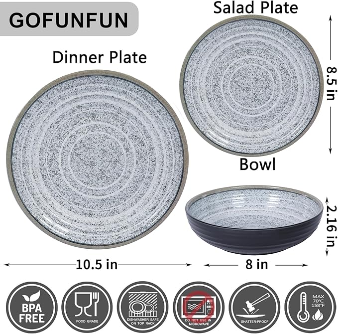 Melamine Dinnerware Sets 12 PCS - Service for 4 Plates &amp Bowls Sets Dishwasher Top-Shelf Safe BPA Free Dinner Dishes Set for Everyday Use-Granite Pattern Black Back